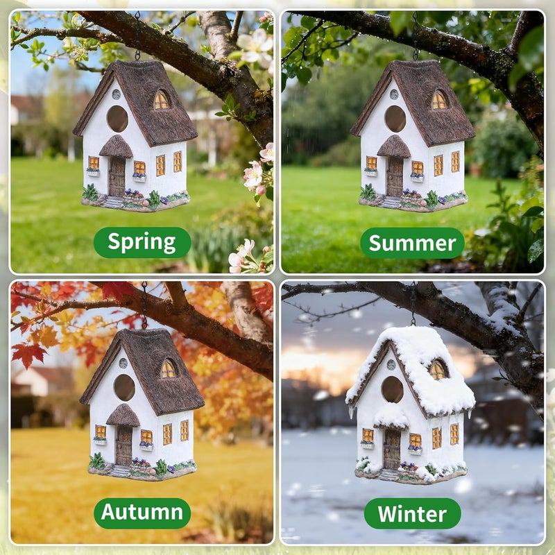 MINWOLF Bird Houses for Outside Rustic Cottage Birdhouse with Thatch Roof – Hand-Painted Resin Birdhouses for Outdoors for Bluebird Finches Cardinals Bird Nesting Garden, Patio, Yard - Image 3